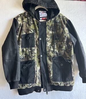 Fatal California Men's Green Black Camo Hooded Bomber Jacket Pockets Size XL